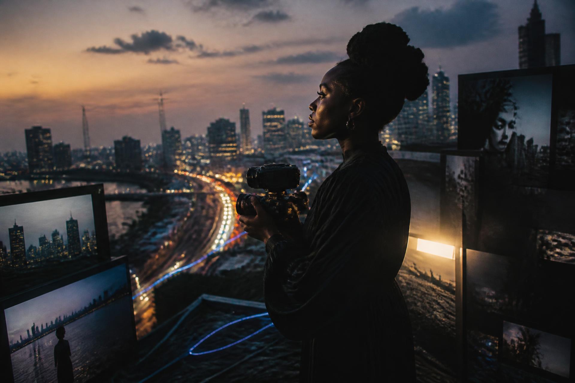 Filmmaker overlooking a glowing global city at night