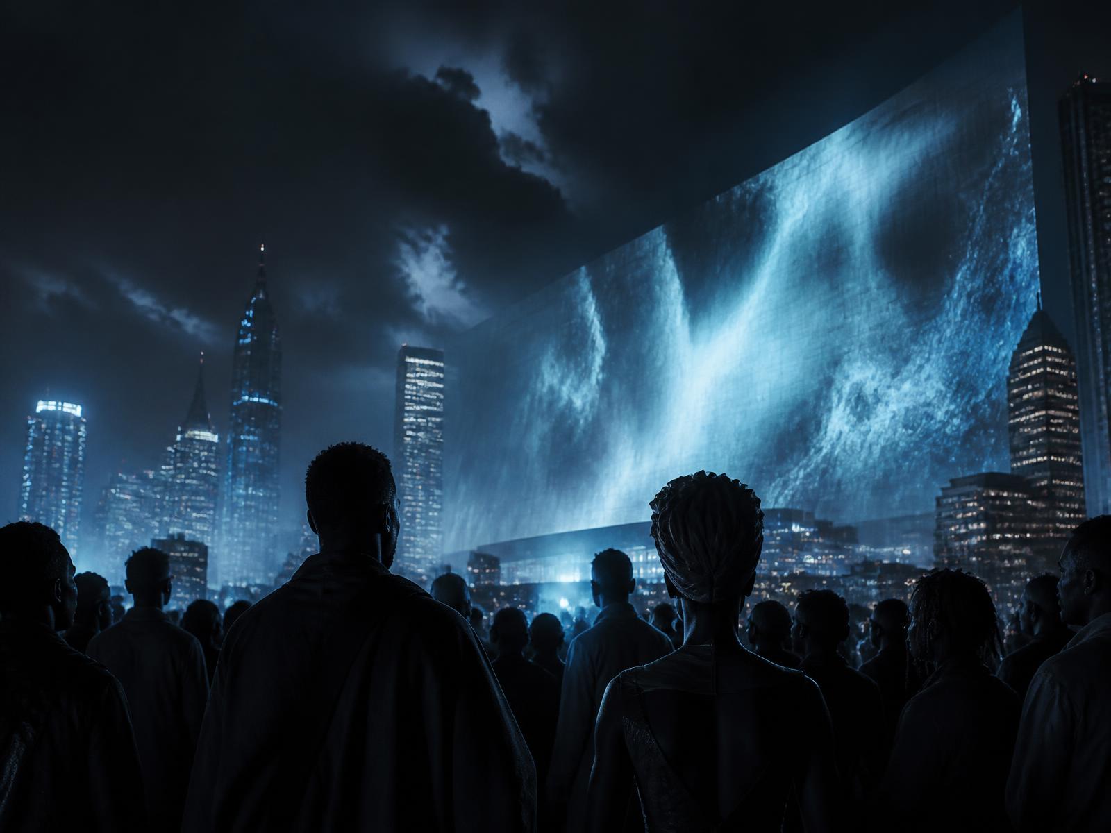 Crowd watching a luminous media world in a city at night